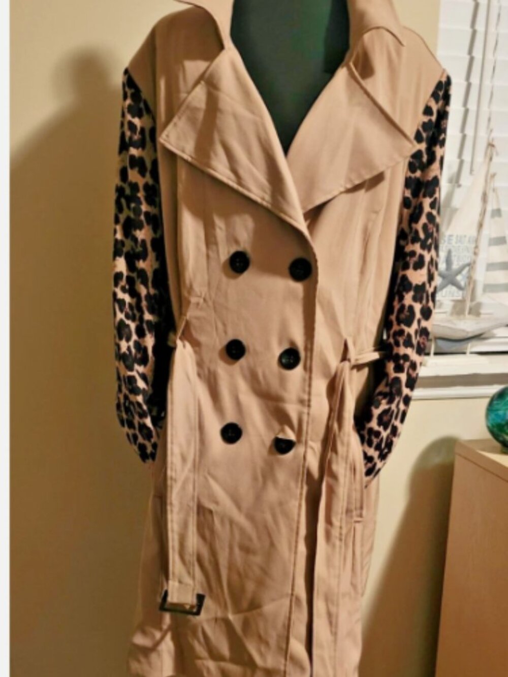 Ashley Stewart 18/20 Leopard Sleeve Belted Trench Coat NWT Chic Classic Kennedy